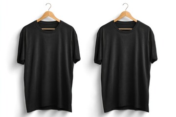Black T-shirts Hanging on Wooden Hangers