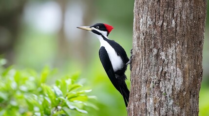 Fototapeta premium Crimson-Crested Woodpecker on Tree Trunk - A vibrant crimson-crested woodpecker perches on a tree trunk, showcasing its striking black and white plumage against a blurred green background
