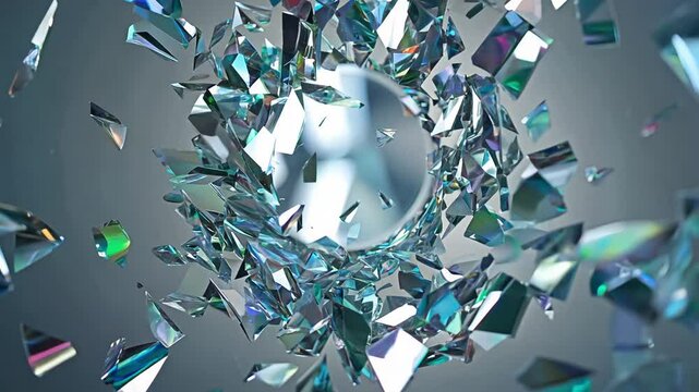 360-degree rotation encircles an explosion of shimmering glass shards, with rim light accentuating edges, creating a dynamic interplay of colors