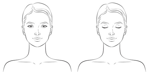 Face of a young beautiful woman. Makeup artist face chart, outline vector illustration