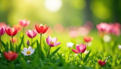 Vibrant spring flowers bathed in sunlight, lush meadow , texture, yellow, sunshine