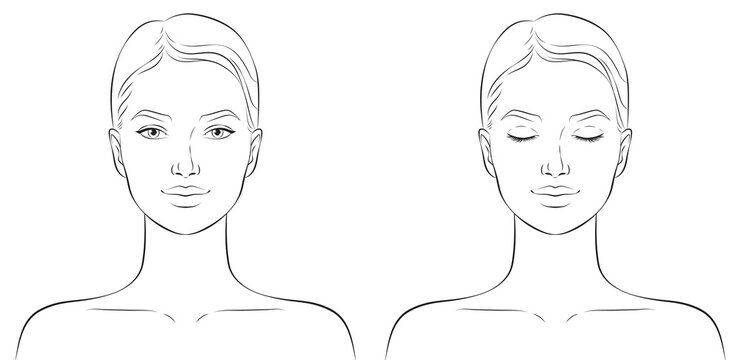 Face of a young beautiful woman. Makeup artist face chart, outline vector illustration