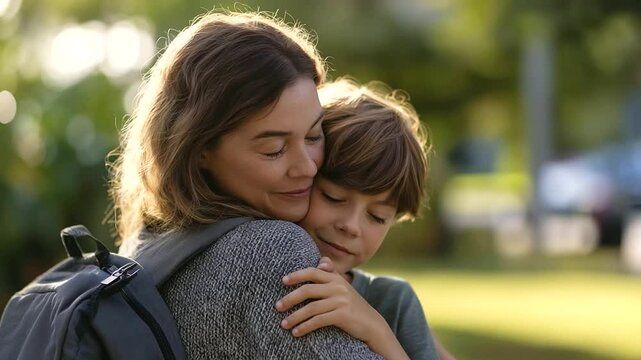 A heartfelt hug from mom as her child heads off to school on a bright morning.