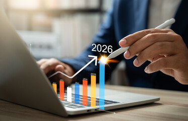 Business vision and growth target 2026, Businessman analyzing upward arrow chart, Economic outlook,...