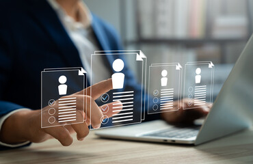 Human resources manager using stylus choose the right candidate recruitment process,Hiring,Team...