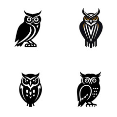 Minimalist owl icon design, black and white owl silhouettes, flat vector style, cartoon owl illustration, symmetrical graphic design, simple and clean owl artwork, front view of cute owls, isolated on