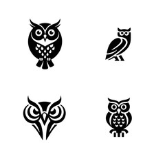 Minimalist owl icon design, black and white owl silhouettes, flat vector style, cartoon owl illustration, symmetrical graphic design, simple and clean owl artwork, front view of cute owls, isolated on