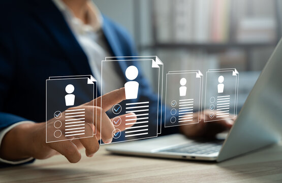 Human resources manager using stylus choose the right candidate recruitment process,Hiring,Team building strategy,Corporate recruitment process with CRM tools and Digital innovation in human resources