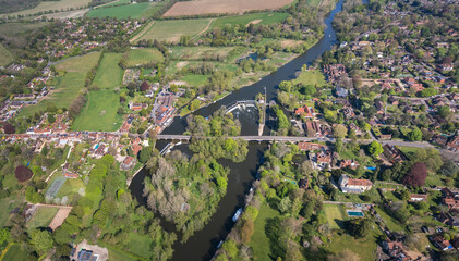 Beautiful England Village Goring and Streatley, small town next to River Thames. Spring time aerial...