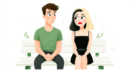 A flat illustration depicting a blackmail scene on a park bench with chaotic elements.