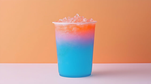Layered Blue and Orange Fizzy Drink with Ice in Plastic Cup