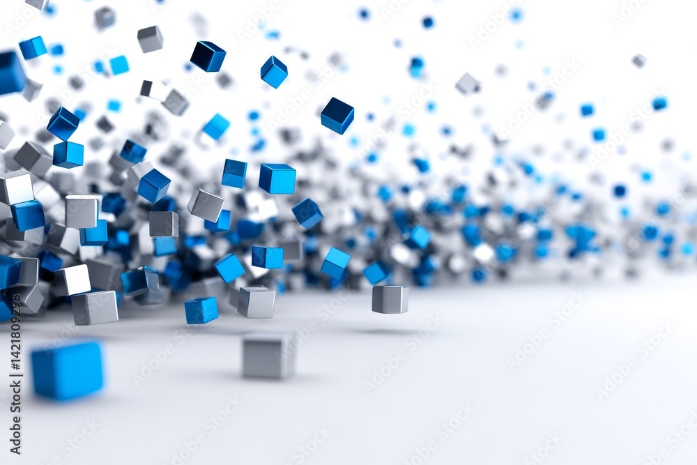 Poster dynamic cube flow - abstract of blue and silver cubes flowing dynamically on a white background. mod