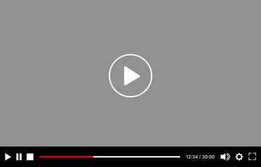 Video player UI mockup template with play button, navigation icons, and multimedia window. Modern flat design for web and mobile apps, isolated on transparent background. Vector illustration.