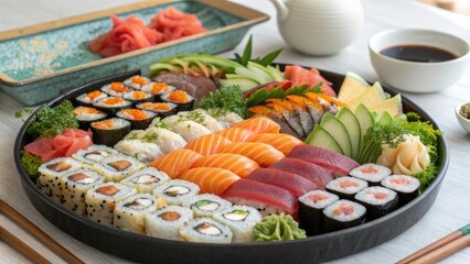 Large Platter of Assorted Sushi with Diverse Garnishes