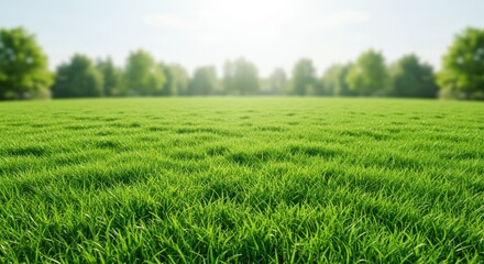 Obraz premium Green grass field with trees in the background on a sunny day.
