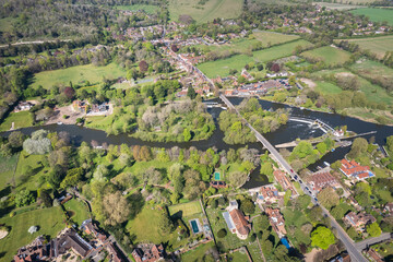 Beautiful England Village Goring and Streatley, small town next to River Thames. Spring time aerial view