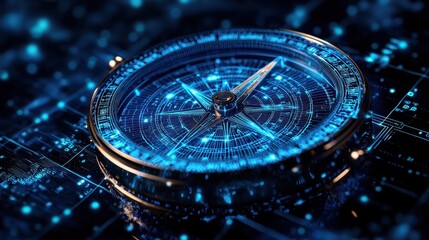 Digital compass navigation, future technology, data flow background, guidance concept, website banner