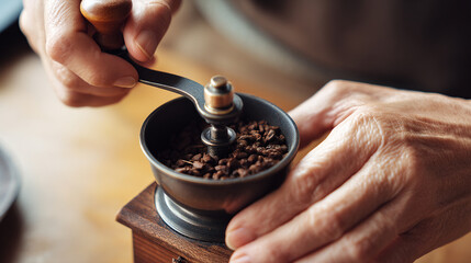 Grinding coffee beans with a manual grinder for fresh aroma and taste morning coffee preparation at home