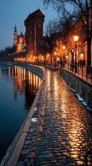 Obraz premium Cobblestone pathway by river at twilight