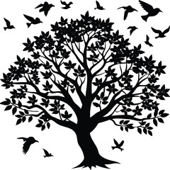 Black Silhouette Tree with Birds Flying Around, Vector Illustration, Nature Art, Tree of Life Graphic, Wall Decal Design