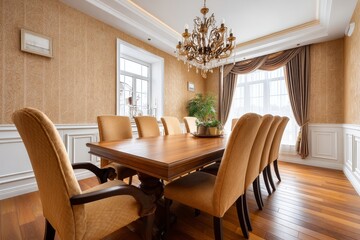 Elegant Gold and Wood Dining Room Interior - Luxurious dining room, ornate chandelier, gold walls, wooden table, comfortable chairs. Symbolizes wealth, sophistication, comfort, family gatherings