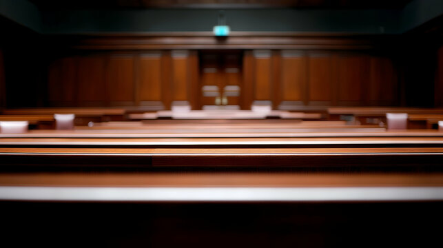 Empty Brown Wooden Courtroom with Rows of Chairs and Tables