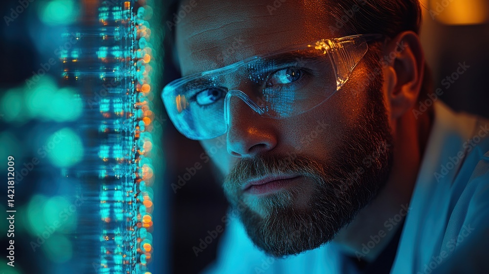 Poster scientist at work: a close-up portrait of a focused researcher in a laboratory setting illuminated b