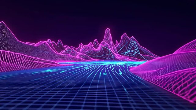 Digital landscape unfolds glowing gridlines against dark backdrop