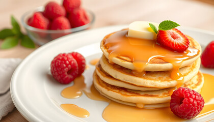 Healthy food breakfast pancakes with raspberry fruit. White tone