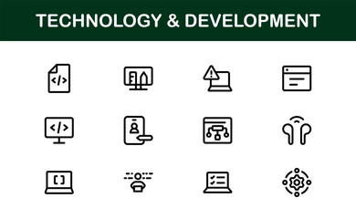 Modern Technology and Development Icon Set Vector Illustration. Featuring Essential Symbols for Coding, Apps, and Digital Innovations