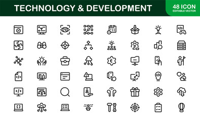 Modern Technology and Development Icon Set Vector Illustration. Featuring Essential Symbols for Coding, Apps, and Digital Innovations