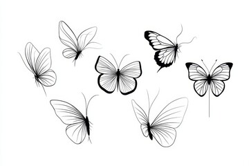 Elegant Line Art Butterfly Collection - A graceful collection of seven butterflies, each depicted in elegant continuous line art. Symbolizing beauty, transformation, freedom, nature, and serenity