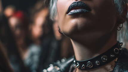 Gothic fashion model with black lipstick and spiked choker necklace style and beauty photography portrait 100