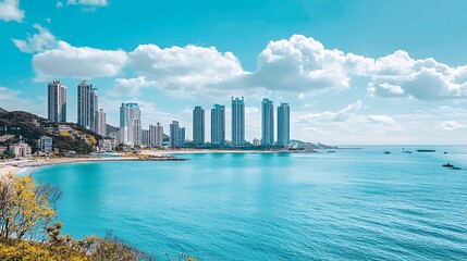 Obraz premium Coastal city skyline with turquoise ocean, sandy beach, and puffy clouds under a bright blue sky.