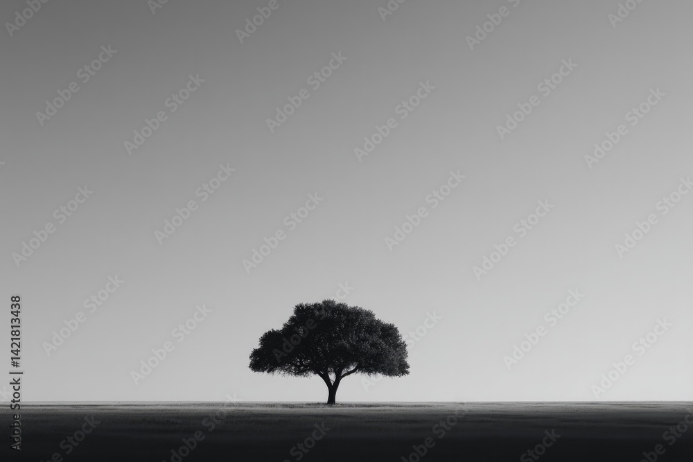 Poster lone tree stands in vastness of open field sunlight filtering through its branches