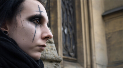 Gothic makeup woman portrait with dark eyeshadow and cross face paint emo subculture alternative model look 100