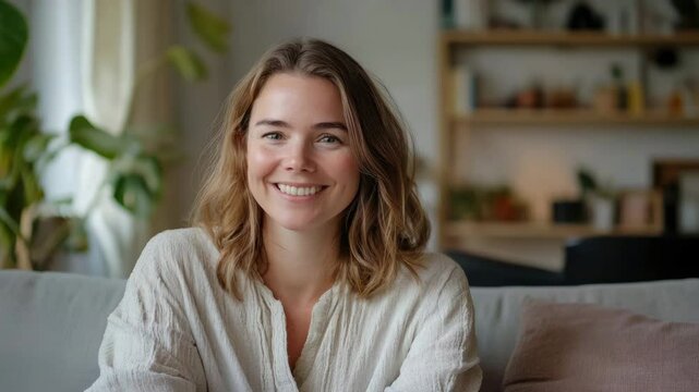 Woman sits comfortably on couch, sense of calm. Cozy living space room background, serene atmosphere. Relaxed sweater, casual stylish vibe. Home comfort. Girl rest on sofa.