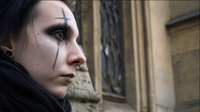 Gothic makeup woman portrait with dark eyeshadow and cross face paint emo subculture alternative model look 100