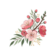 A beautiful watercolor floral bouquet featuring pink and red peonies, delicate cherry blossoms, and green foliage, with soft brush strokes and pastel tones.