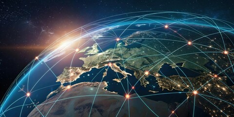Digital connections illuminate a global communication network radiating around Earth