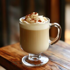 Latte on wood table.