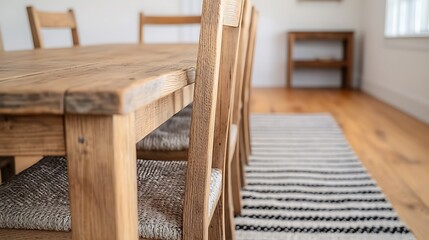 Rustic Wooden Dining Set with Woven Seats and Striped Rug in Bright, Airy Dining Room, Cozy Interior.