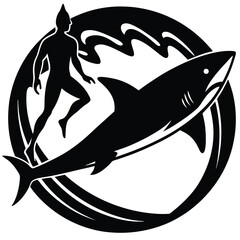 Black and White Graphic Logo: Shark and Human Silhouette in Circular Wave Design, Ocean Predator Illustration, Vector Art for Branding