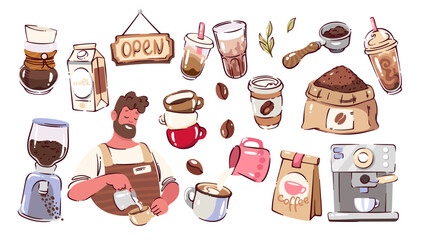 Coffee cartoon stickers set. Funny barista pouring milk to cup, espresso coffee machine and electric grinder, chemex, portafilter. Caffeine drink mascot, cartoon cute collection vector illustration