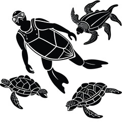 Black and White Vector Illustration of Scuba Diver Swimming with Sea Turtles, Marine Wildlife Art, Ocean Conservation Design