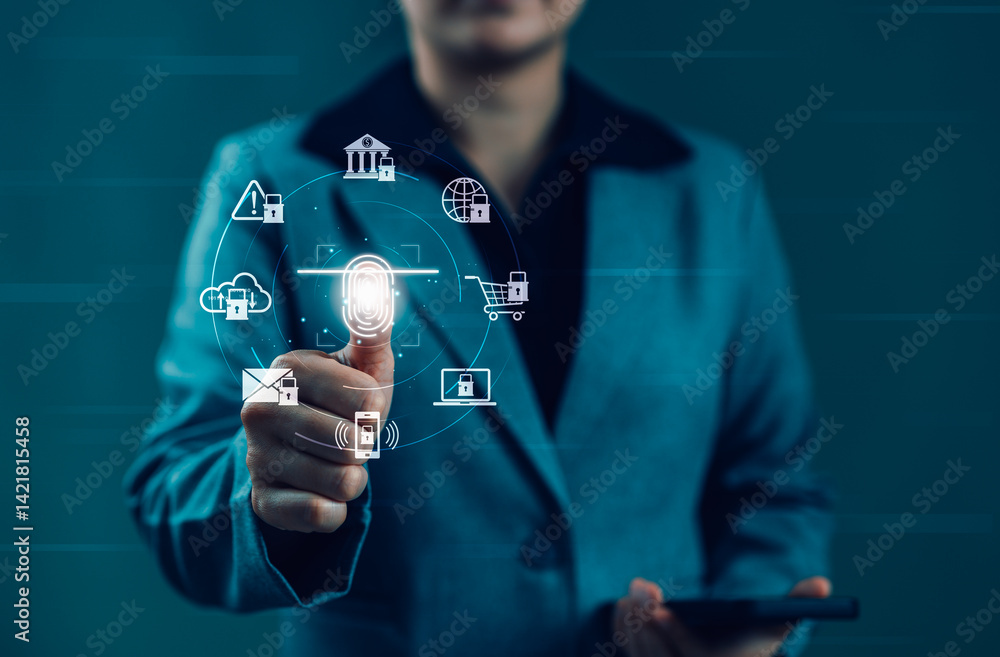 Poster biometric authentication and fingerprint access system concept. woman scanning fingerprint, represen