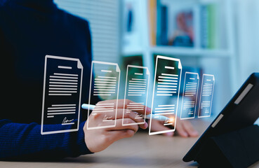 Digital Document Signing and Paperless Contract Management. Person signing documents on tablet with stylus, multiple virtual pages and electronic signatures in modern office setup. e-signature,