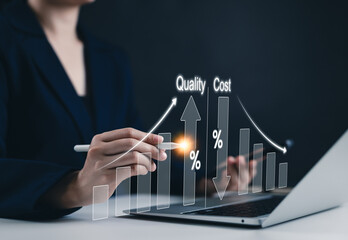 Quality control and cost optimization strategy. Businesswoman analyzing graph increased quality and decreased cost, efficiency improvement, cost reduction in operations, business effective, efficient,