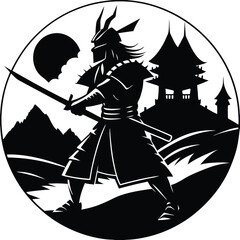 Samurai Warrior Silhouette Illustration: Japanese Warrior with Sword, Castle, and Moon - Vector Art, Martial Arts, Japan Culture