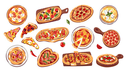 Whole pizza of different shapes and cartoon slices set. Funny pizza cut into triangles pieces, pie on plate and wooden board, top view. Fast food mascot, cartoon hot Italian snacks vector illustration